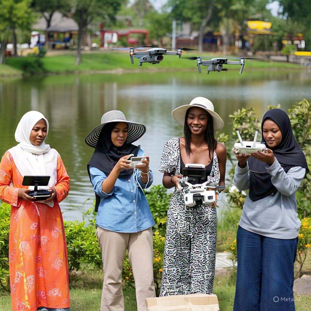 Four girls are flying a drone near the river