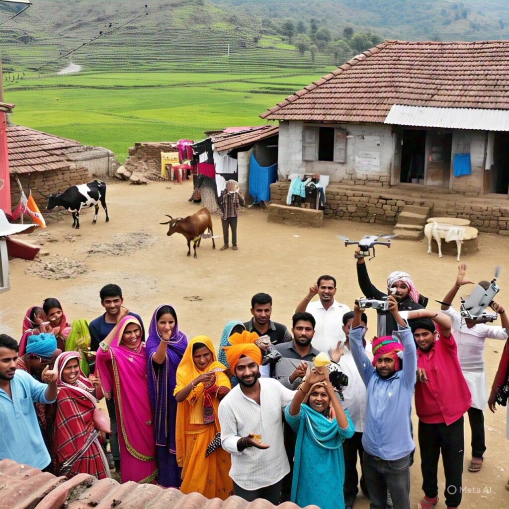 Young man in an Indian village flying a drone with a smartphone, capturing aerial Reels content over green fields at sunset—highlighting the rise of rural drone influencers.