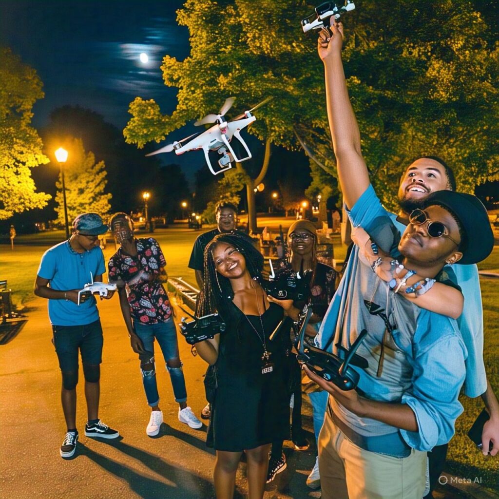 Group of friends flying the drone in night