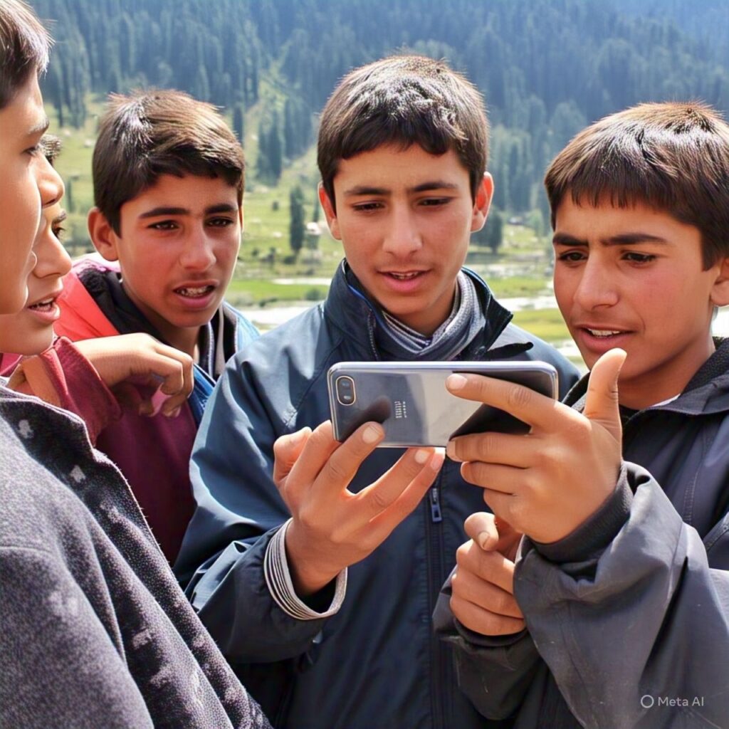 Pahalgam teens brainstorming Instagram content in a meadow”