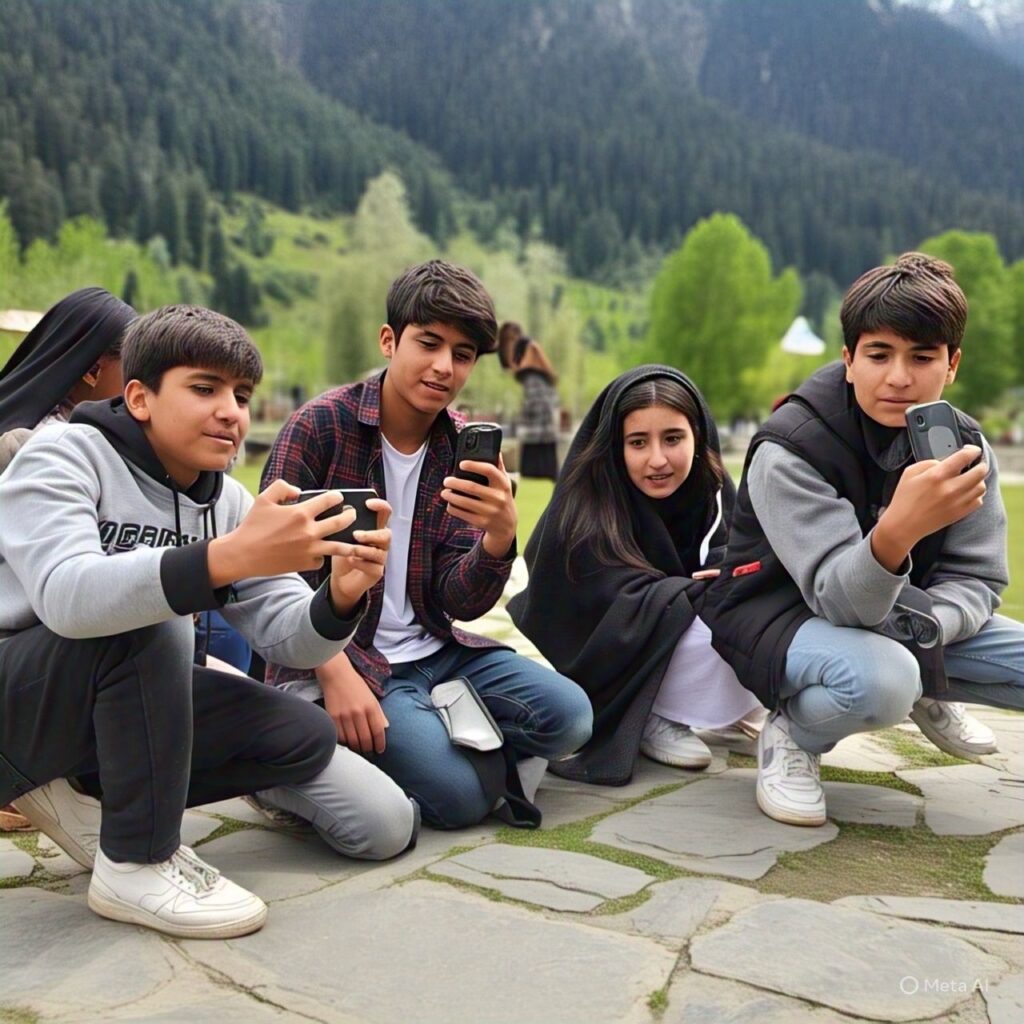 Teenager capturing scenic view in Pahalgam, Kashmir for Instagram post”