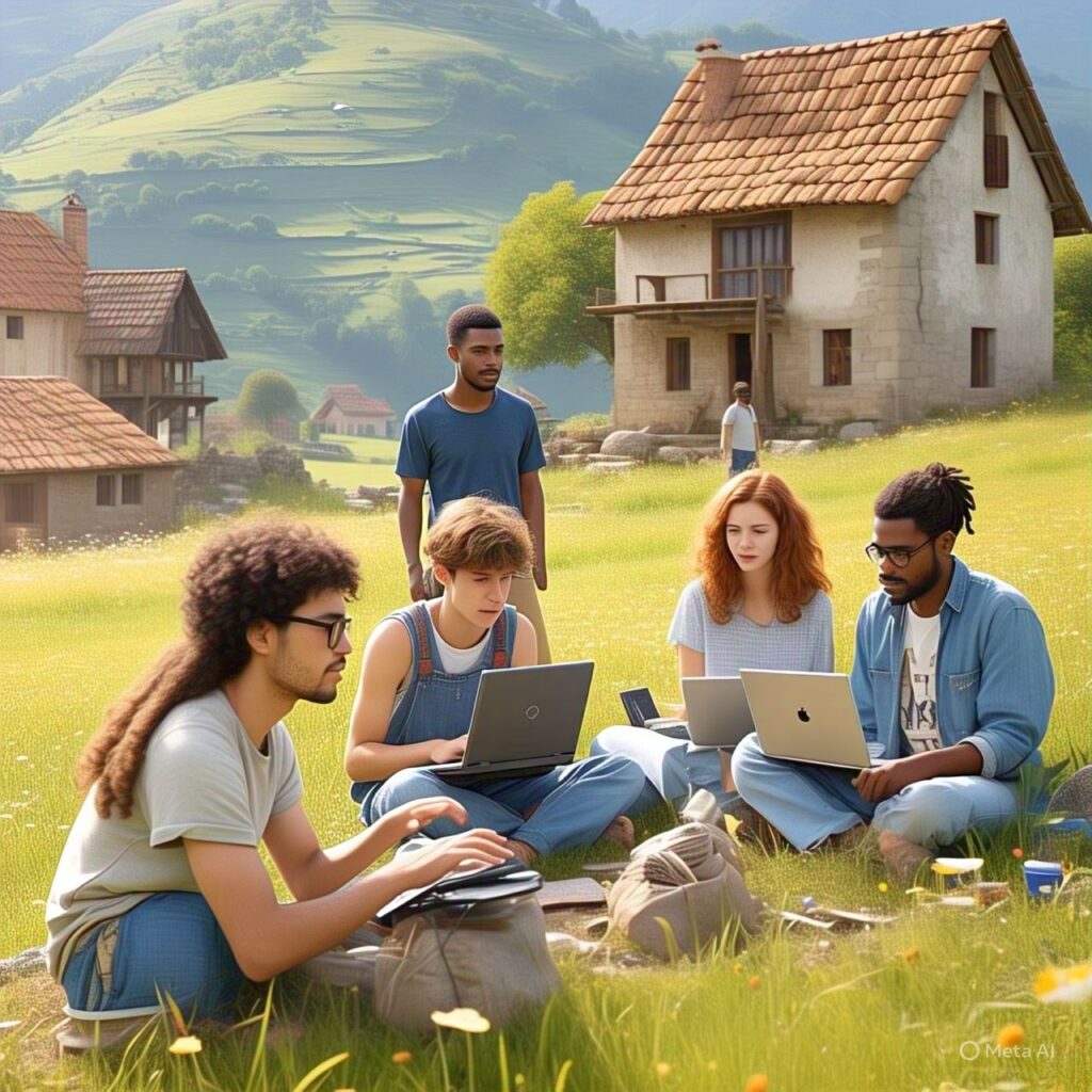 

"Gen Z digital nomad working on laptop in remote village, 2025"