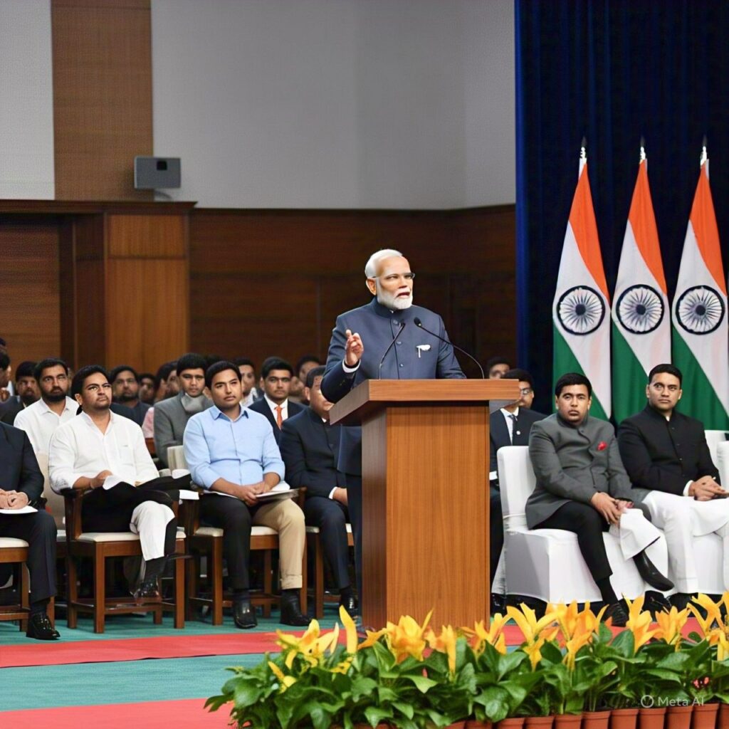 Indian Prime Minister Narendra Modi giving a speech at a podium with Indian flags in the background."
