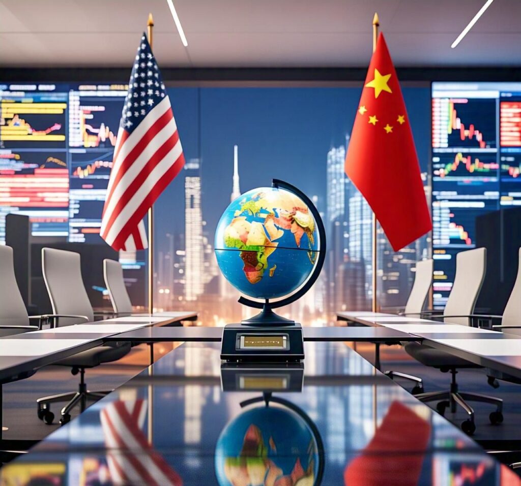 Us and china trade graph with flags
