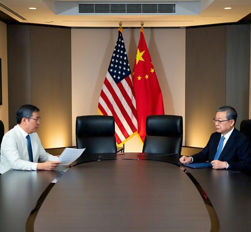 Us and china prisident meeting with flags