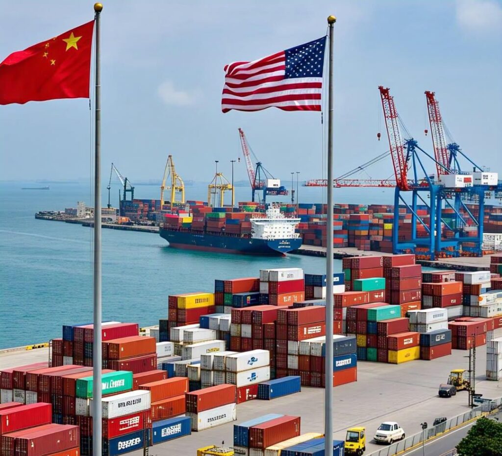 Us and china flag with the export and import container